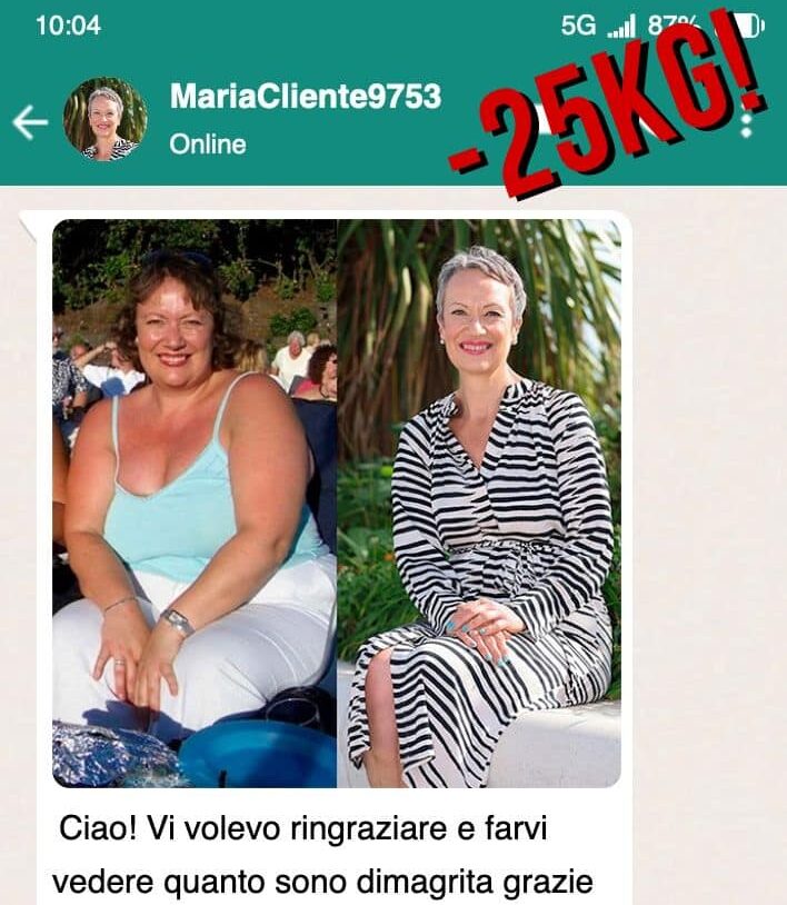 Maria prima e dopo la perdita di peso di 25kg, sorriso e felicità.