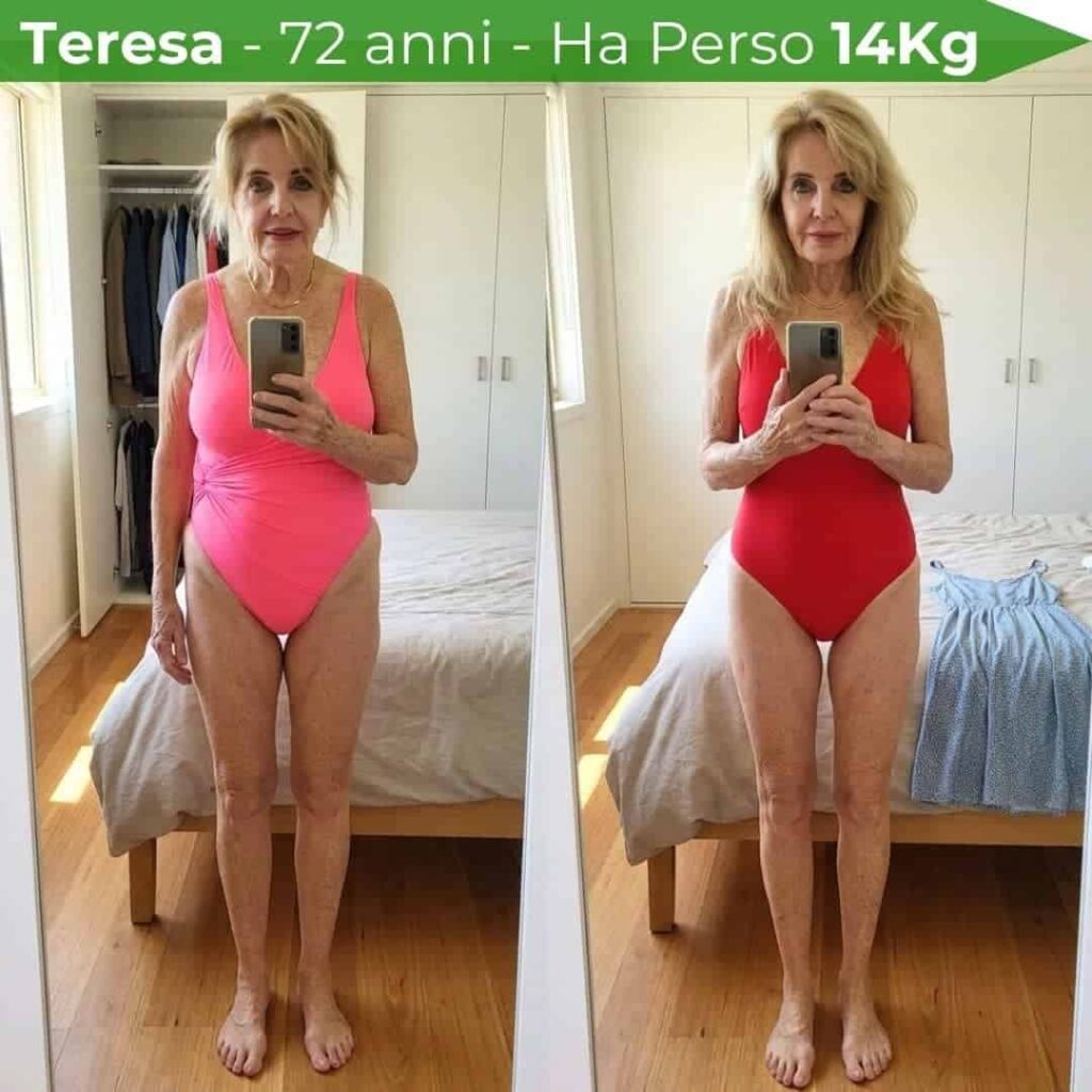 Donna anziana in costume rosso prima e dopo la perdita di peso.