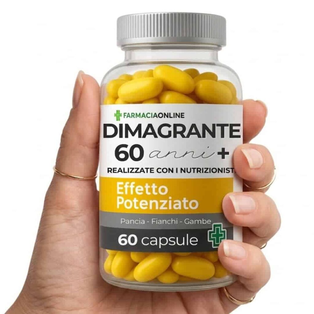 Capsule gialle di integratore dimagrante con etichetta dettagliata.