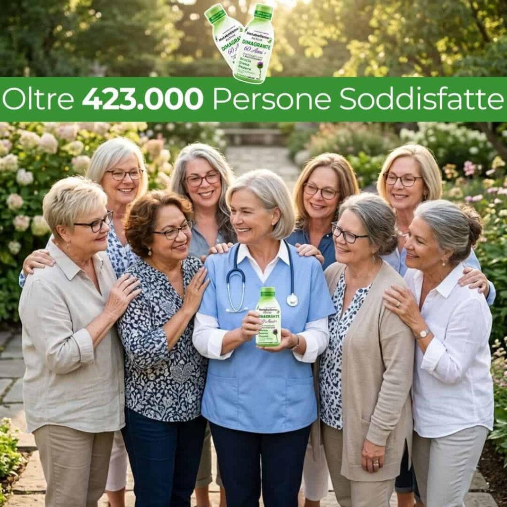 Donne anziane felici in giardino con prodotti naturali per la salute.