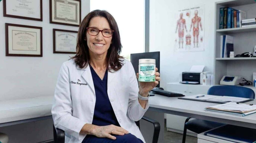 Dottoressa in ufficio con integratore naturale per benessere.