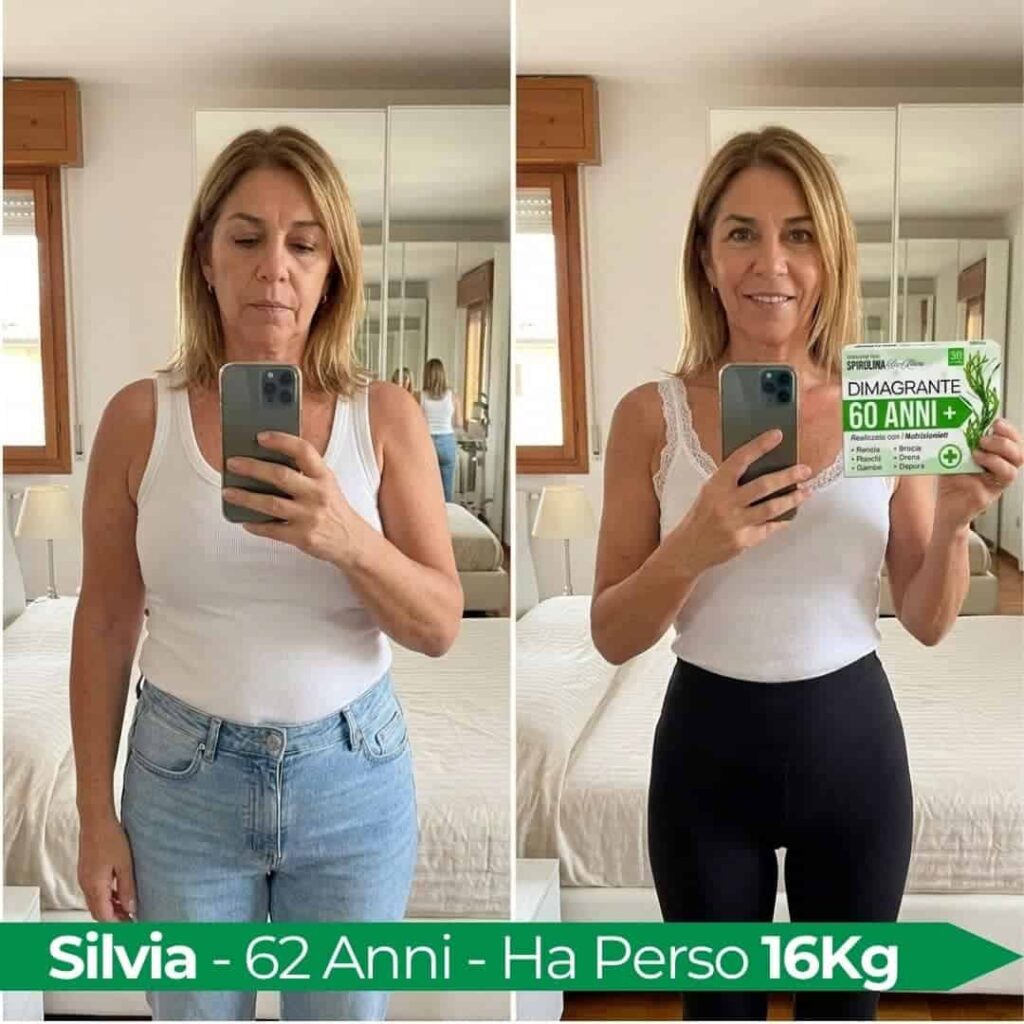 Donna di 62 anni che mostra prima e dopo la perdita di peso con spirulina bio.