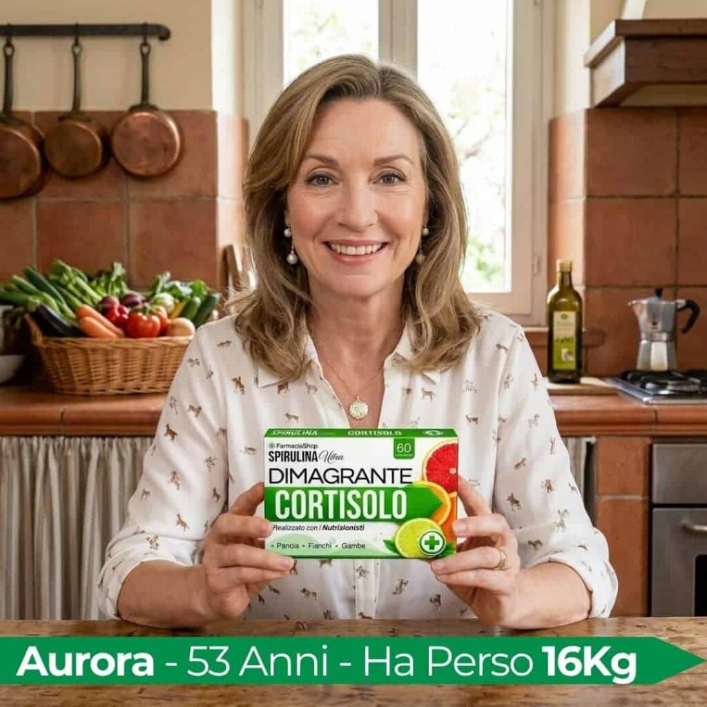 Donna sorridente con integratore di Spirulina e Cortisolo in cucina.