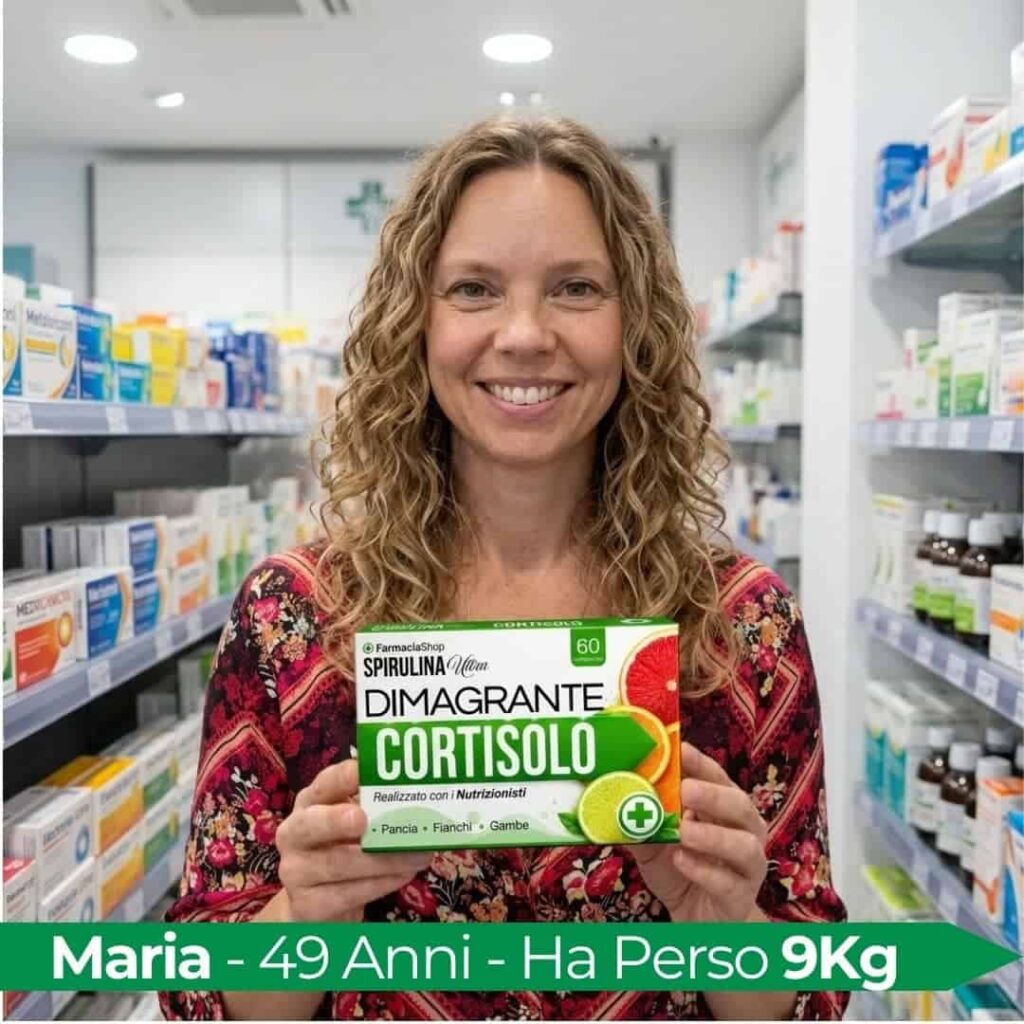 Donna felice con integratore di Spirulina Cortisolo in farmacia.