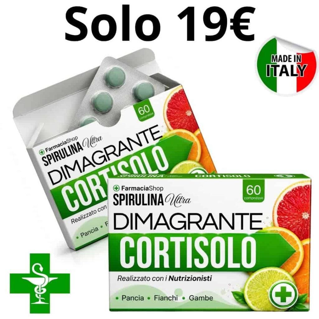 Box di integratore di Spirulina Cortisolo con agrumi e simbolo di farmacia.