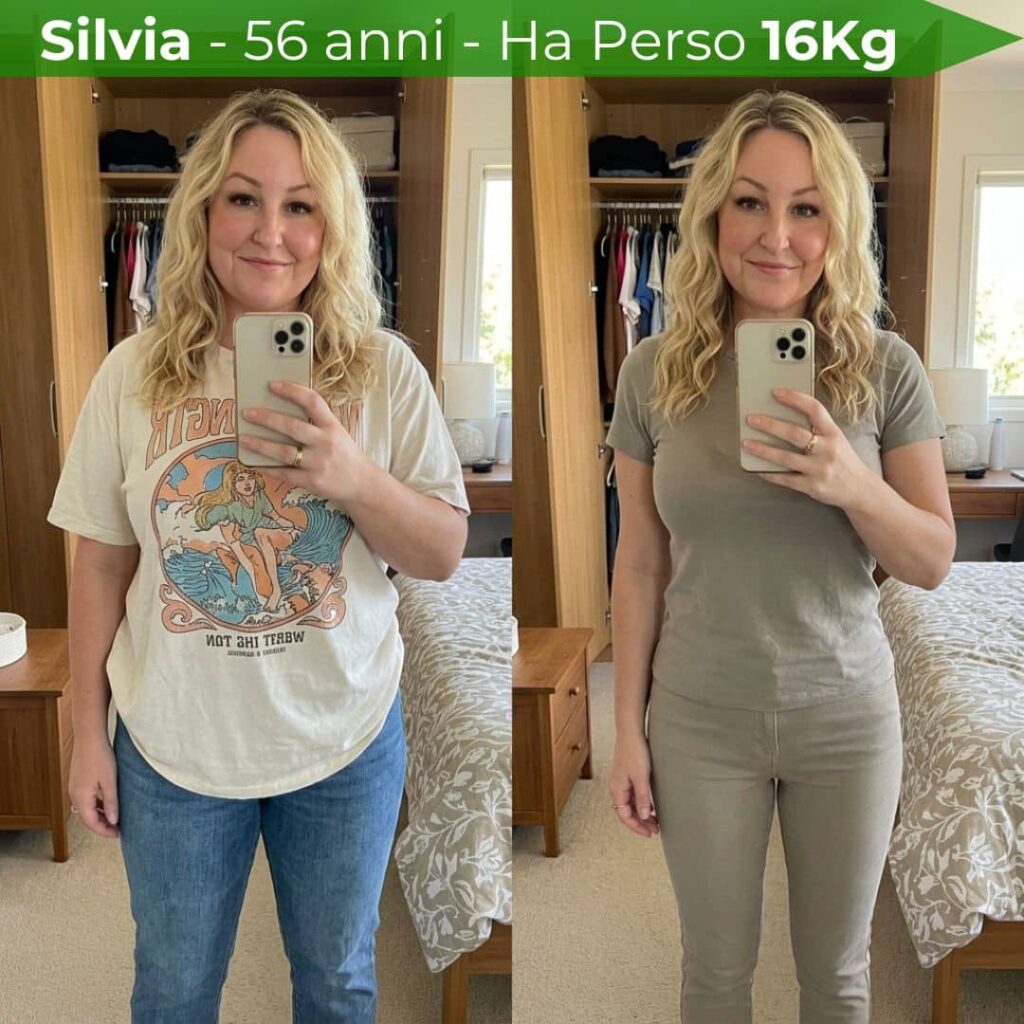 Silvia prima e dopo la perdita di peso di 16kg a 56 anni.