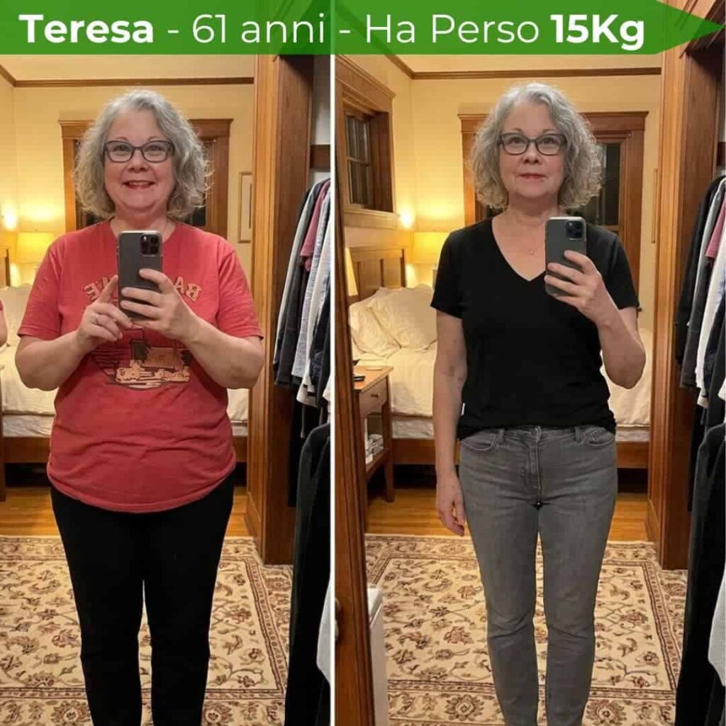 Donna anziana che mostra la sua trasformazione di perdita di peso.