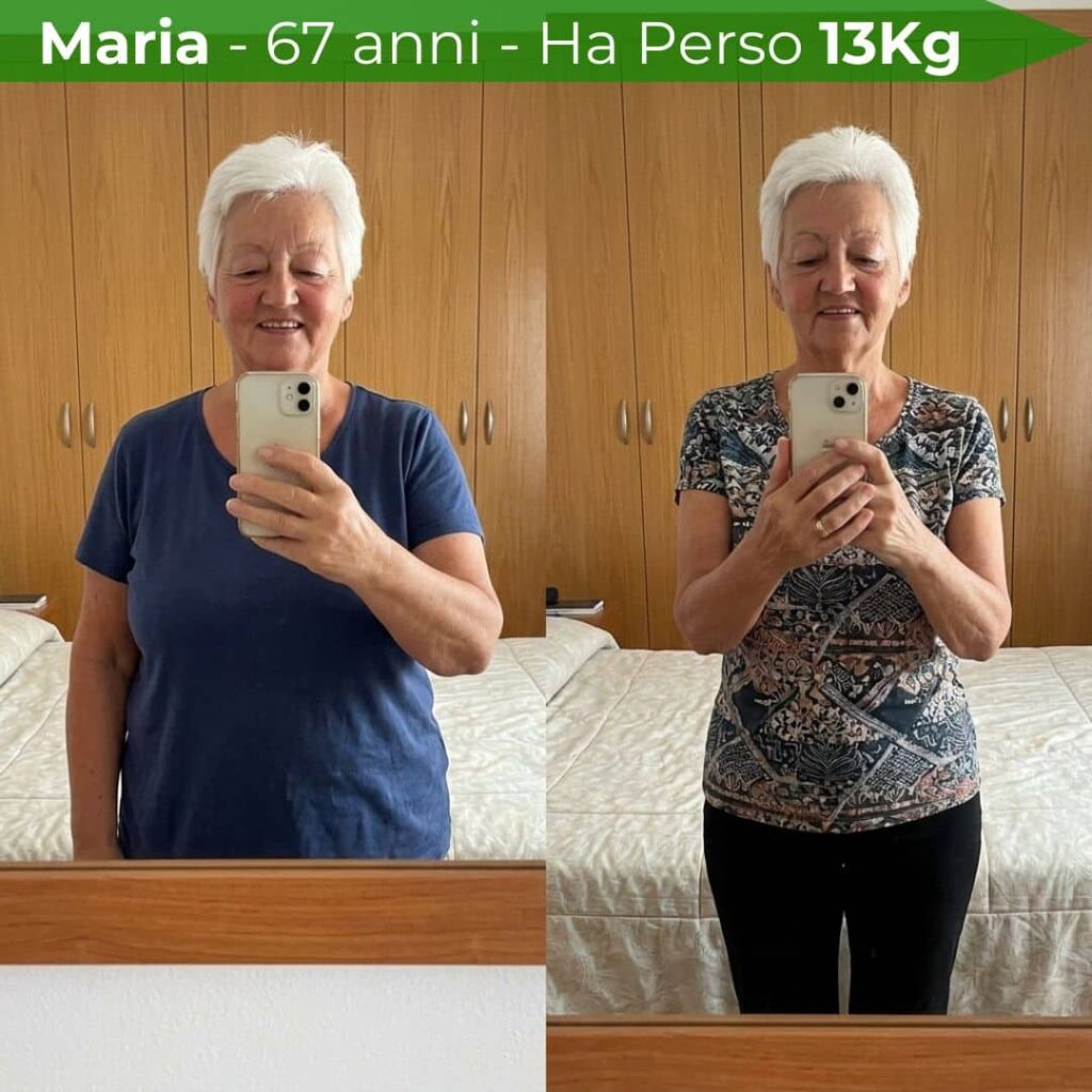 Maria di 67 anni prima e dopo la perdita di peso.