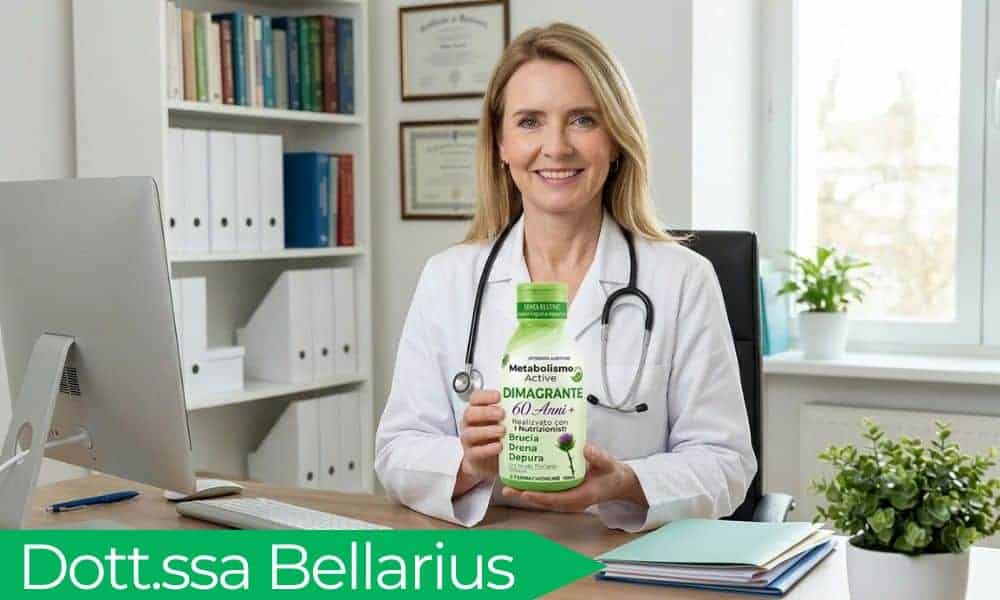 Dottoressa con integratore per metabolismo attivo, salute e benessere.