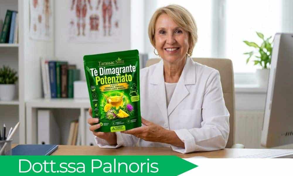 Donna sorridente con Tè Dimagrante Potenziato Tarassac Slim in mano.