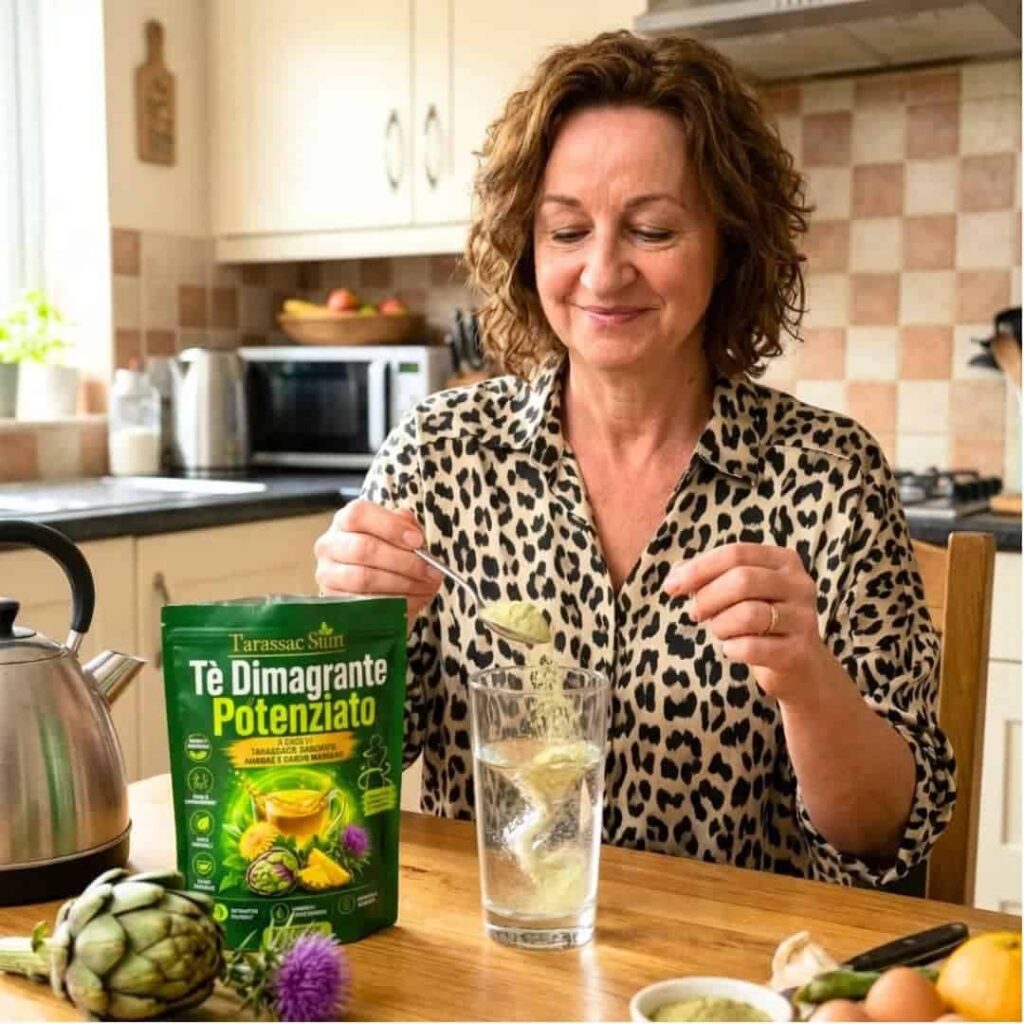 Donna sorride con tè dimagrante Tarassac Slim in cucina.