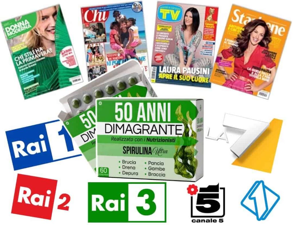 Box di Spirulina Ultra 1x19 con riviste e loghi TV.