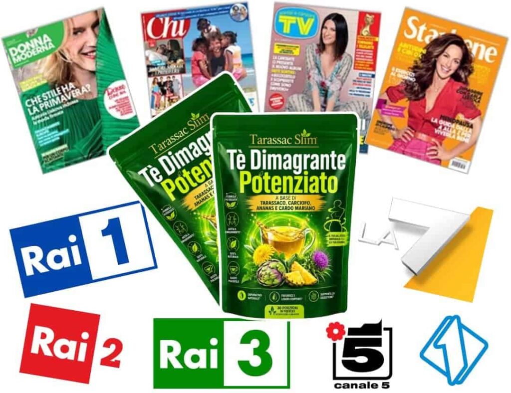 Immagine di vari prodotti e pubblicità di Tarassac Slim Tè Dimagrante.